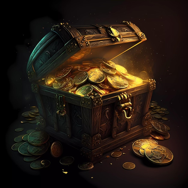 A treasure chest with gold coins and gold coins on it.