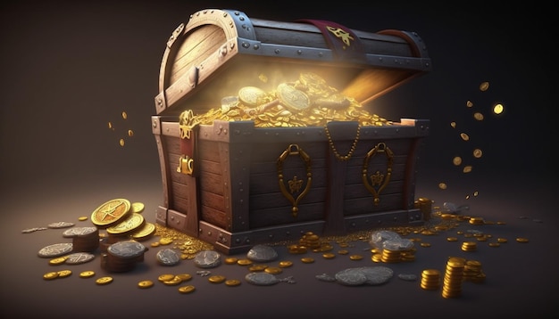 Сундук с сокровищами с золотыми монетами.