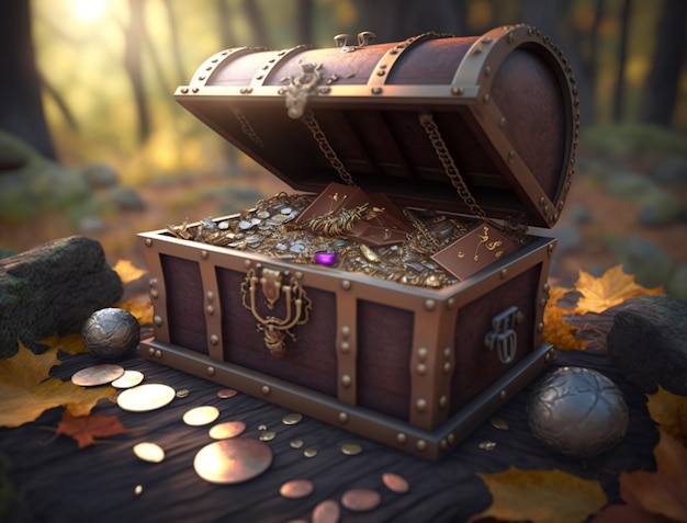 A treasure chest with gold coins and leaves on the ground.