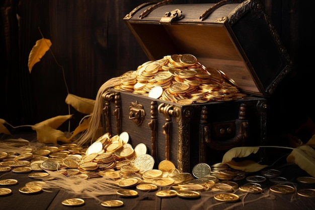 a treasure chest with gold coins on top of it and a black background with a gold coin in the middle.