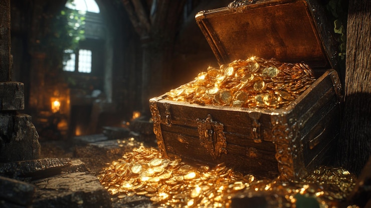 Photo treasure chest with gold spilling out in piles