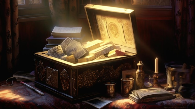 Treasure chest with old books and a candle in the darkgenerative ai