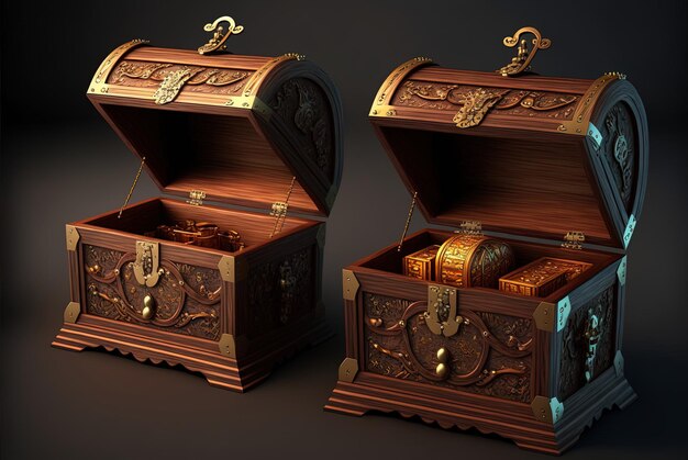 Treasure chests both open and closed made of wood