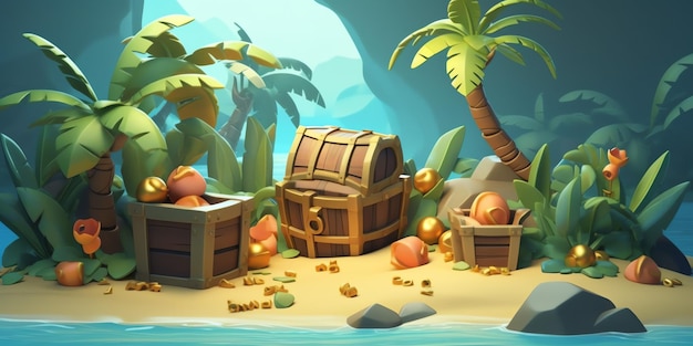 A treasure island with a palm tree and a treasure chest.