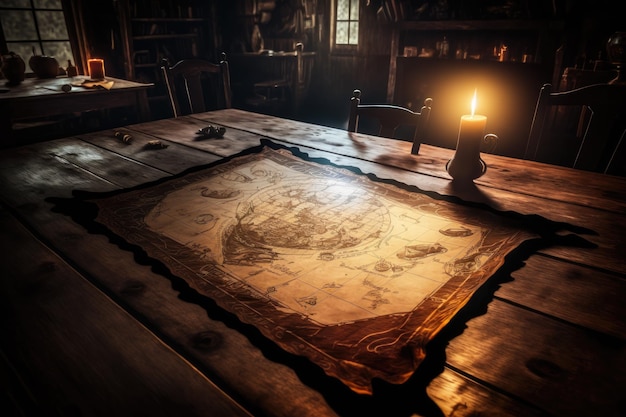 Treasure map and pirate objects on wooden table AI