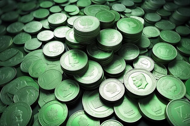 Фото treasure trove 3d рендеринг стопки монет в зеленом оттенке