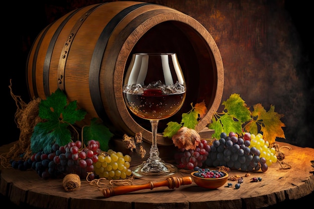 Treat of wine from wooden wine barrel on table at home