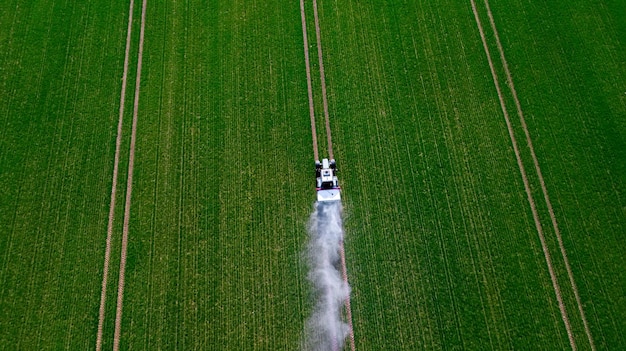 Treatment of fields with pestecides agriculture tractor rides
on the field top view