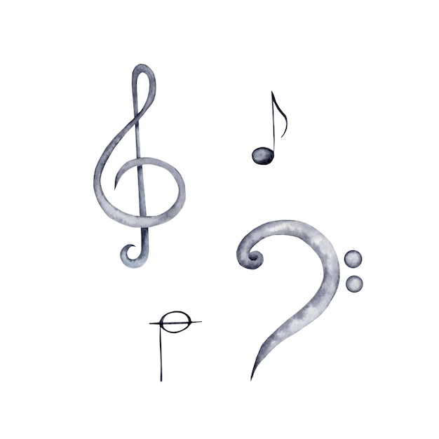 Photo treble bass clef with notes watercolor illustration classical music hand painted isolated elements