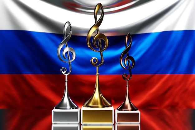 Treble clef awards for winning the music award against the background of the national flag of Russia 3d illustration
