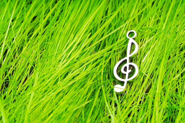 緑の草の背景にト音記号