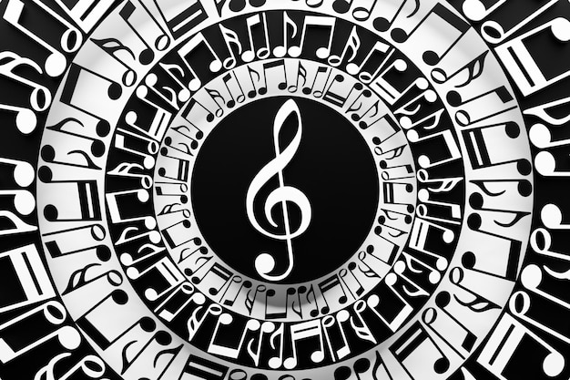 Treble clef in a circle of musical notes on a white background Design 3D illustration