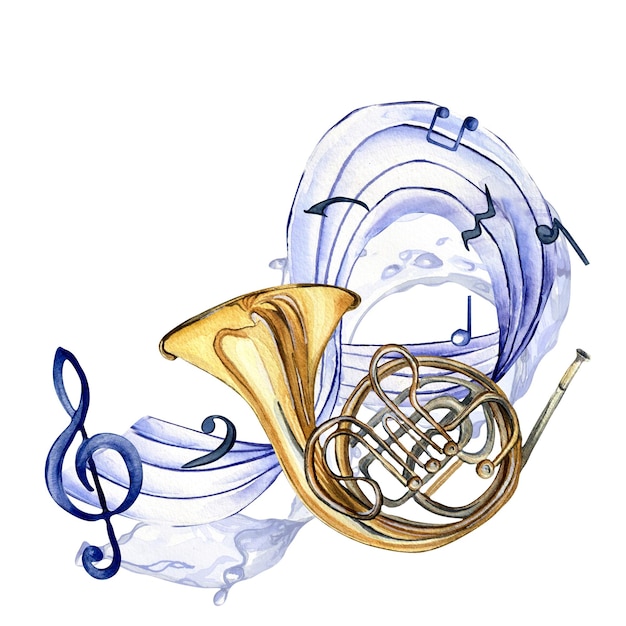 Музыкальные ноты скрипичного ключа и акварельная иллюстрация рога на белом