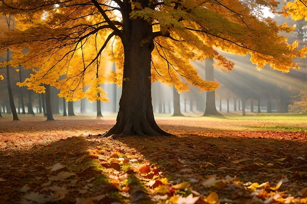 葉の間から太陽が輝く秋の森の木