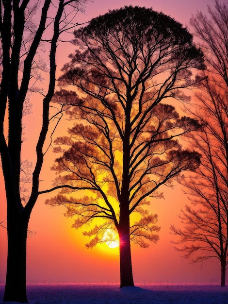 Photo tree on the background of the sunset sky