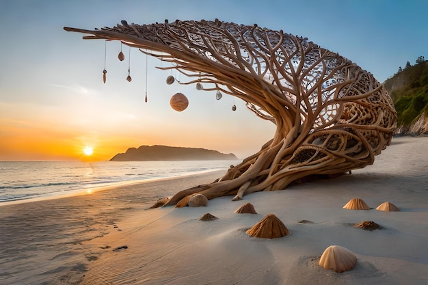 Photo a tree on the beach is made of branches and is made from driftwood.