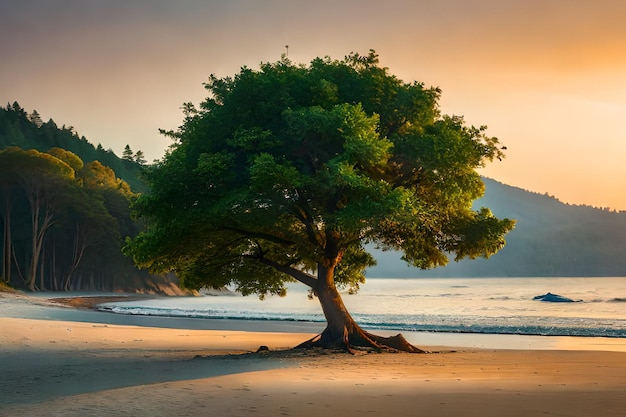 A tree on the beach at sunset