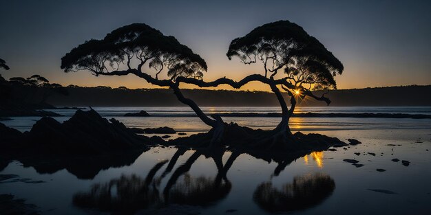 A tree on the beach at sunset