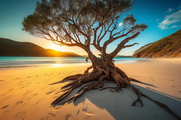 A tree on the beach at sunset