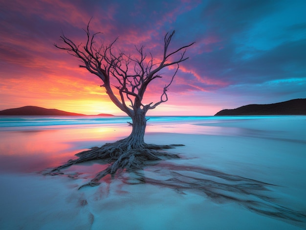 A tree on the beach at sunset