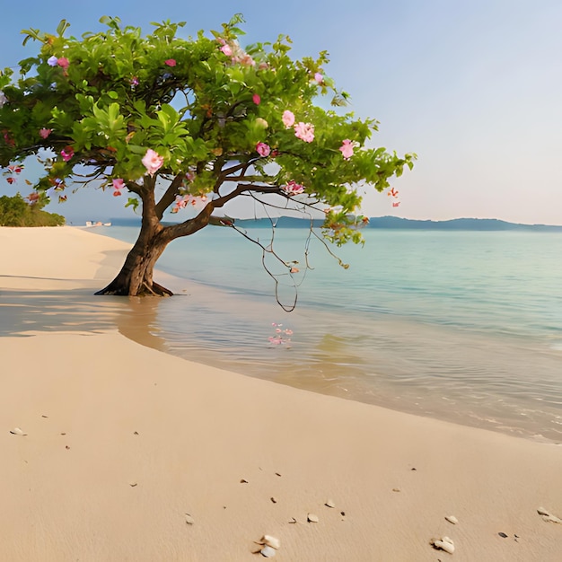 a tree on a beach with a beach in the background