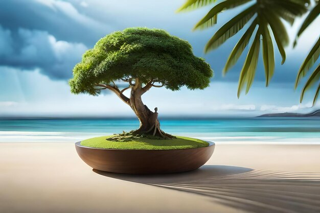 A tree on a beach with a man sitting in the background.