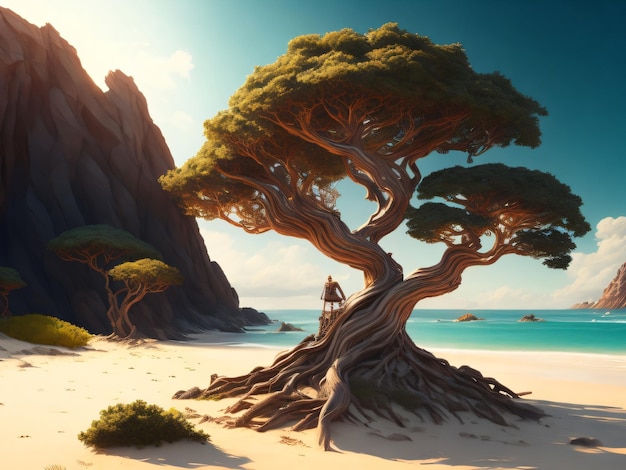 A tree on the beach with a man sitting on a chair