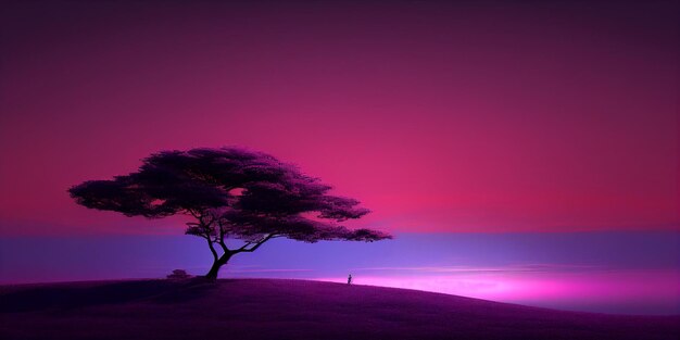 A tree on a beach with a purple sky in the background.