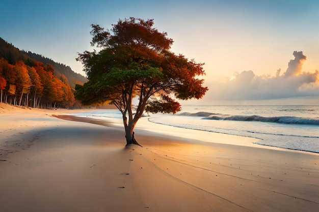 A tree on the beach with the sun setting behind it