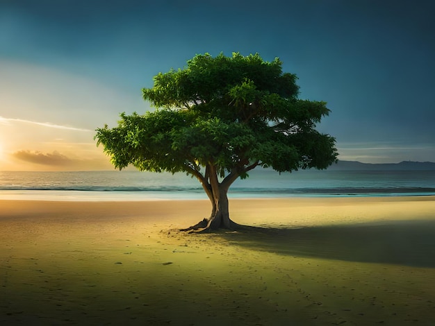 A tree on the beach with the sun setting behind it