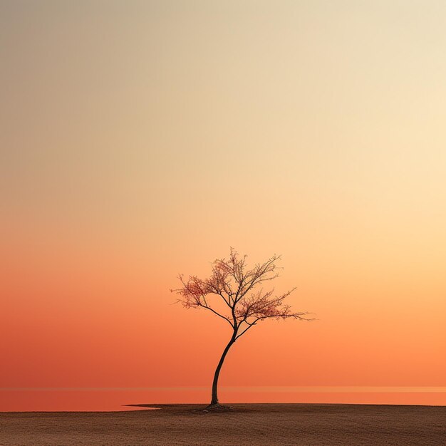 A tree on the beach with a sunset in the background.