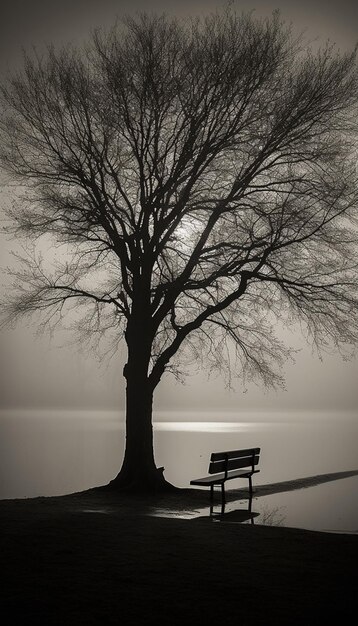 A tree and a bench are on the sidewalk by the water.