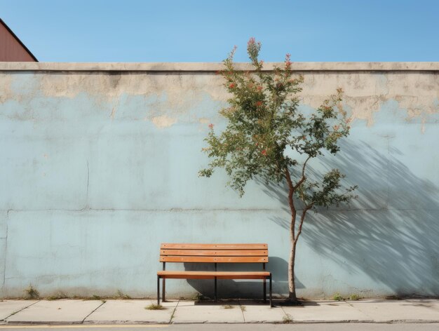 A tree and a bench in front of a wall