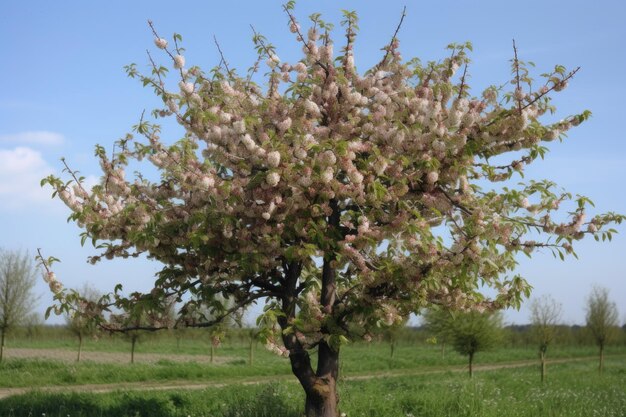 Tree in blossom with sprouting leaves and fruit visible created with generative ai