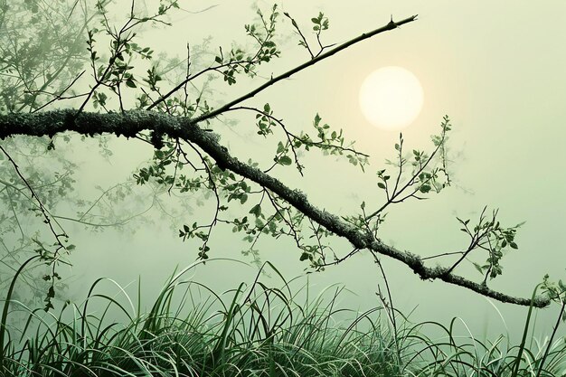 Photo tree branch in foggy forest with sun on background toned