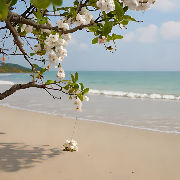 Foto un ramo d'albero con dei fiori che ne pendono su una spiaggia