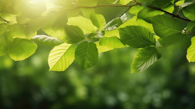 A tree branch with green leaves and the sun shining on it