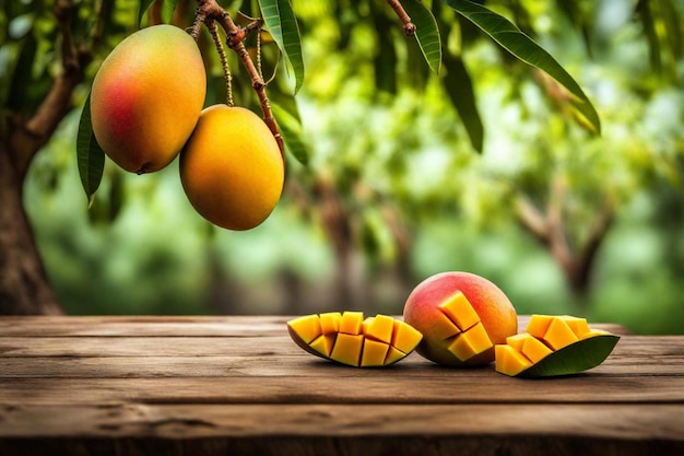 Photo a tree branch with mangoes and mangoes on it