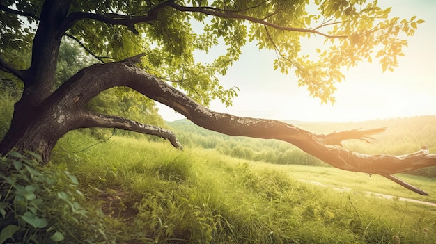 A tree branch with the sun shining on it