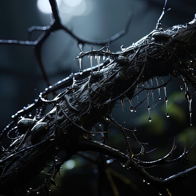 a tree branch with water drops on it and a blurry background