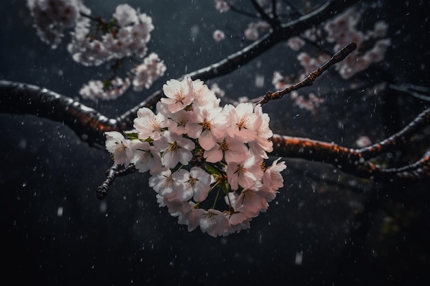 A tree branch with white flowers in the rain