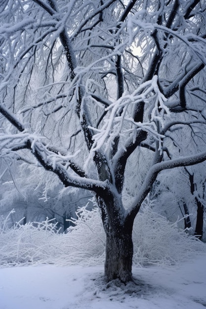 Tree branches covered in winter frost or snow created with generative ai