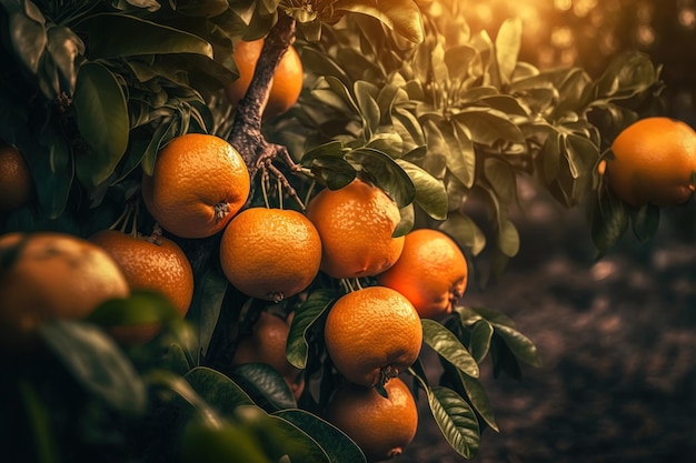 On tree branches ripe tangerines Its time for harvest Enjoyable time tangerine picking in a big garden Outdoors Healthy living benefits from Israels orchards a variety of vitamins