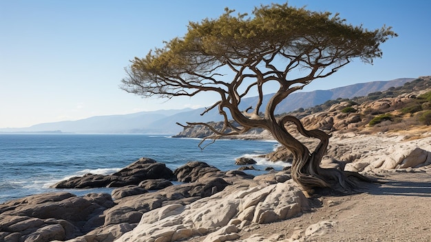 海の近くの崖の木の枝と岩美しい自然の背景