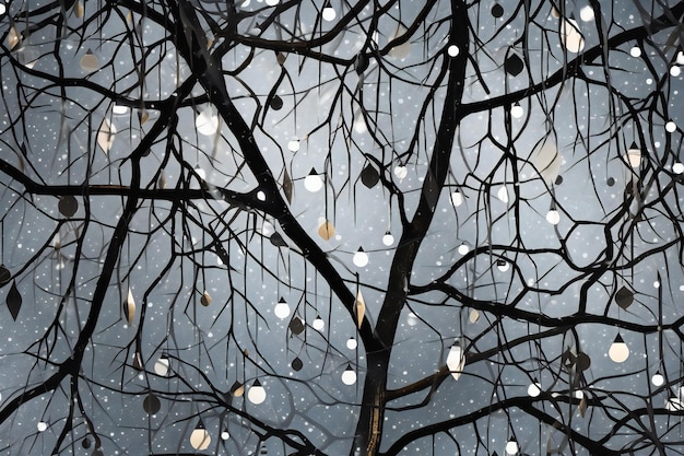 Photo tree branches with falling snow and bokeh lights winter background