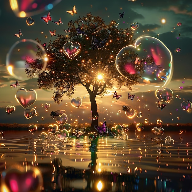 a tree and butterflies in the water with bubbles in the background