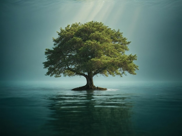 A tree in the center of a lake