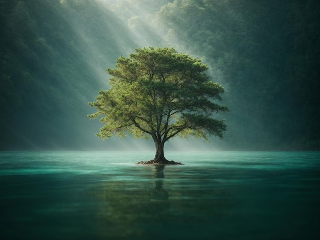 A tree in the center of a lake