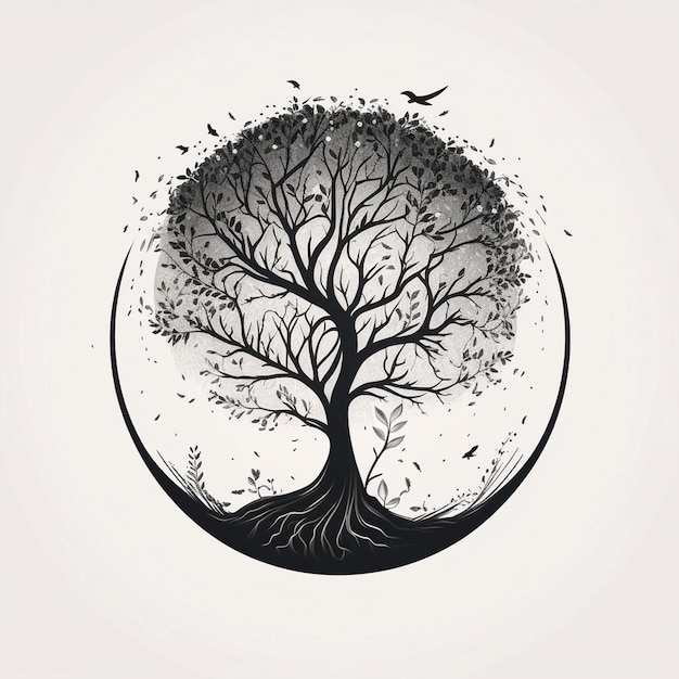 A tree in a circle with birds flying around it.