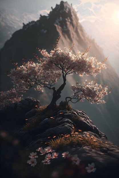 A tree on a cliff with a mountain in the background